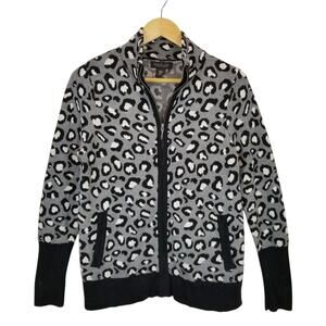 Rachel Zoe Women's Leopard Print Knit Zip Front Cardigan Gray Black White Medium